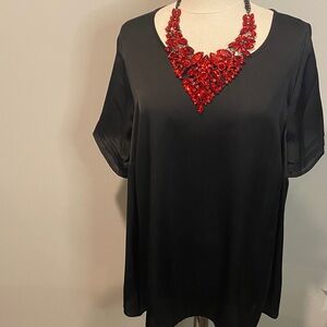 DR2 Black Blouse with Bold Red Necklace